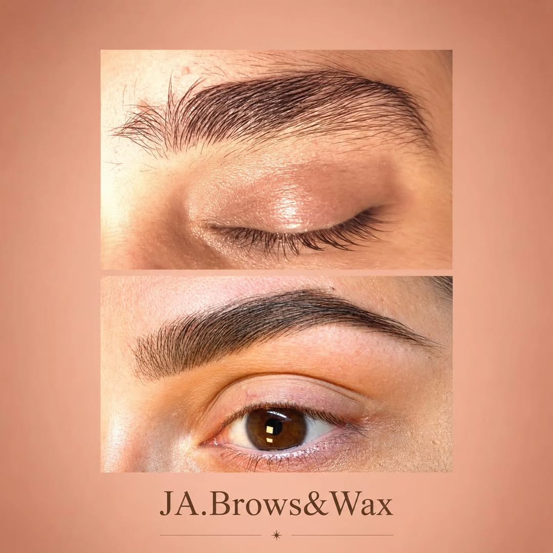 Twee foto's van wenkbrauwen onder elkaar op een perzikkleurige achtergrond, met het woordmerk JA.Brows&Wax